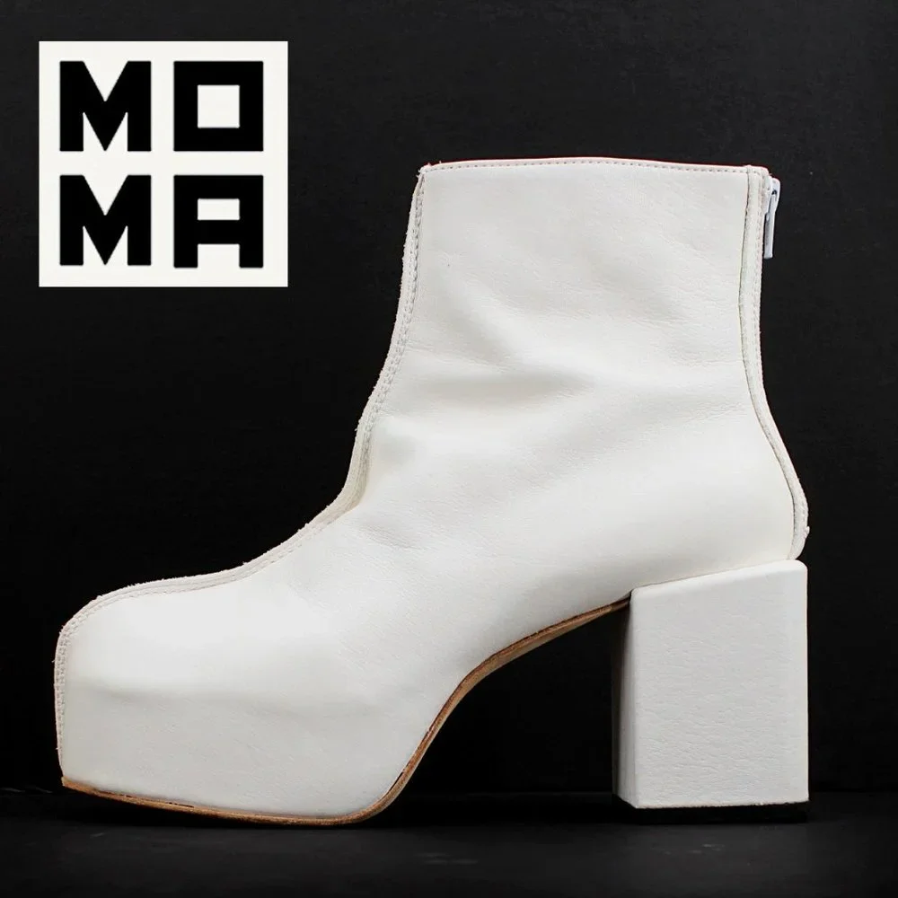 MOMA Platform Boots White Leather Handmade Block Heel Zip Back Seam SZ 39/10